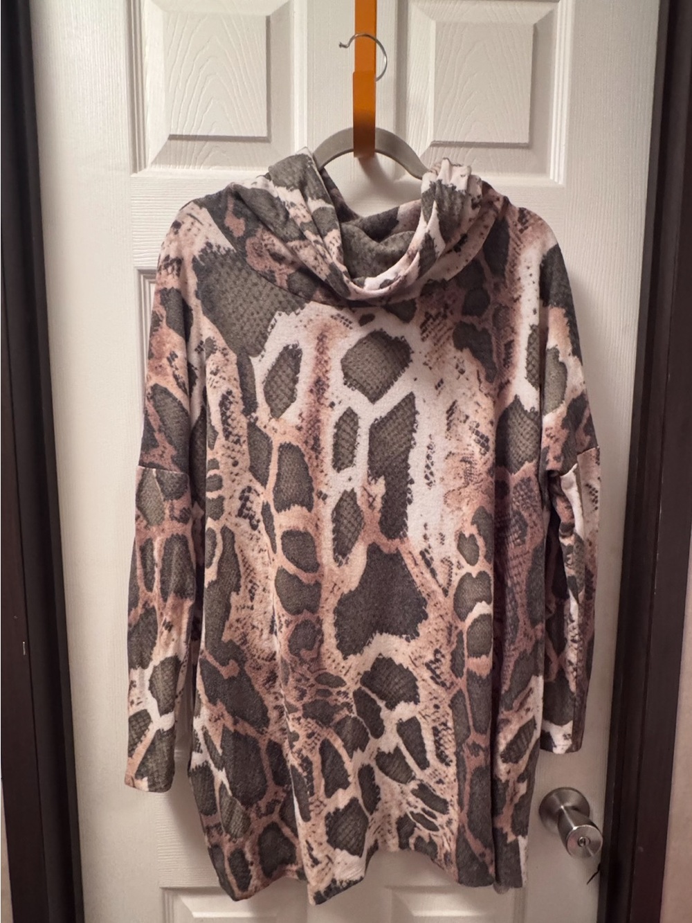 Adrienne Animal-Print Cowl Neck Sweater - Gray & Cream & Brown